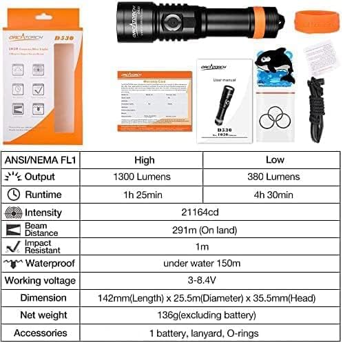 ORCATORCH D530 Dive Light, 1050 Lumens, 5 Degrees Narrow Beam Angle, Titanium Alloy Side Button Switch, 2 Lighting Modes, with USB Battery, Battery Indicator, for Underwater 150 Meters Diving