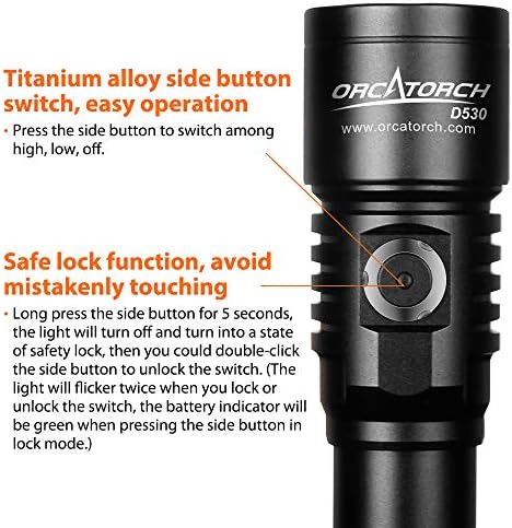 ORCATORCH D530 Dive Light, 1050 Lumens, 5 Degrees Narrow Beam Angle, Titanium Alloy Side Button Switch, 2 Lighting Modes, with USB Battery, Battery Indicator, for Underwater 150 Meters Diving