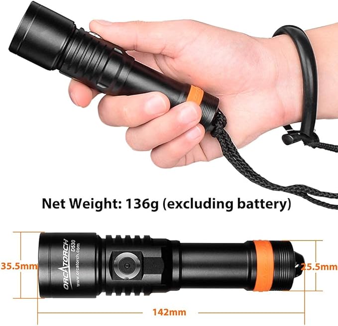 ORCATORCH D530 Dive Light, 1050 Lumens, 5 Degrees Narrow Beam Angle, Titanium Alloy Side Button Switch, 2 Lighting Modes, with USB Battery, Battery Indicator, for Underwater 150 Meters Diving