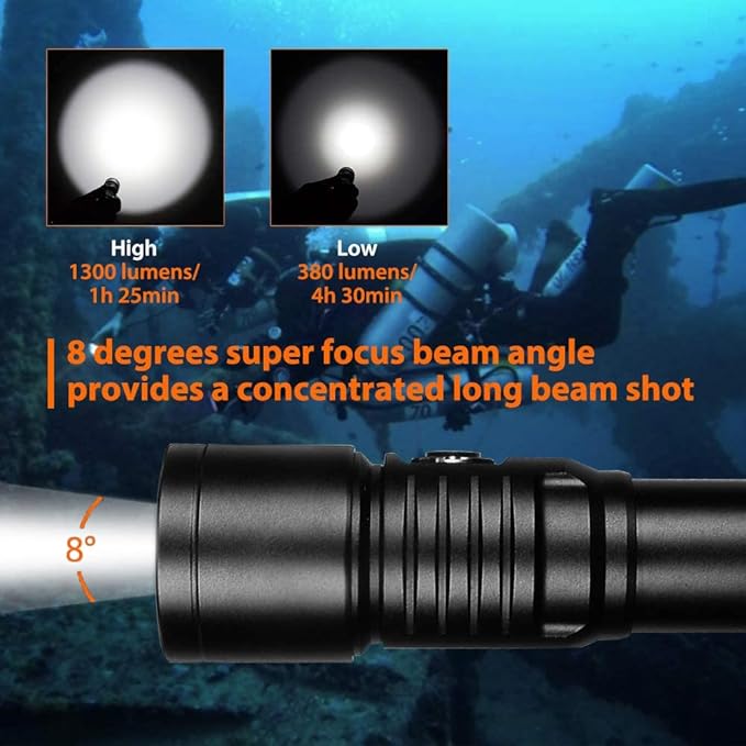 ORCATORCH D530 Dive Light, 1050 Lumens, 5 Degrees Narrow Beam Angle, Titanium Alloy Side Button Switch, 2 Lighting Modes, with USB Battery, Battery Indicator, for Underwater 150 Meters Diving