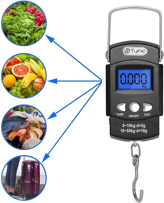 TyhoTech Fishing Scale 110lb/50kg Backlit LCD Screen Portable Electronic Balance Digital Fish Hook Hanging Scale with Measuring Tape Ruler, D Shape Buckle and Carry Bag Included