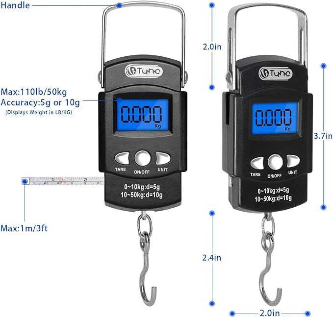 TyhoTech Fishing Scale 110lb/50kg Backlit LCD Screen Portable Electronic Balance Digital Fish Hook Hanging Scale with Measuring Tape Ruler, D Shape Buckle and Carry Bag Included