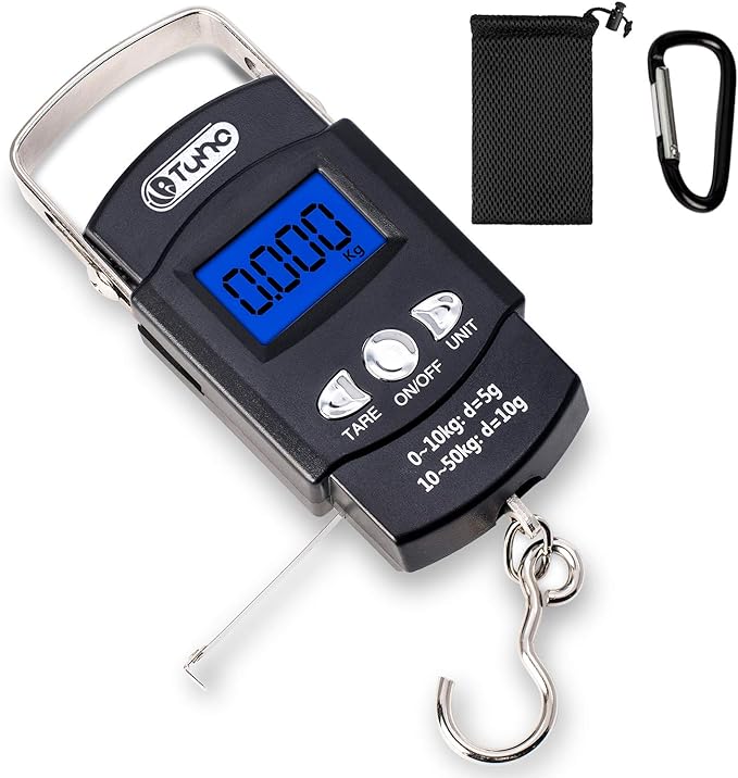 TyhoTech Fishing Scale 110lb/50kg Backlit LCD Screen Portable Electronic Balance Digital Fish Hook Hanging Scale with Measuring Tape Ruler, D Shape Buckle and Carry Bag Included