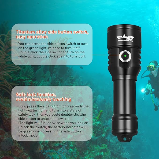 ORCATORCH D570-GL 2-in-1 Scuba Diving Light with 1000 Lumens White Beam, 1000 Meters Green Light, for Scuba Divers, Diving Instructors, Underwater 150 Meters Diving