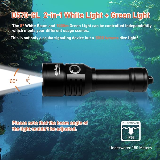 ORCATORCH D570-GL 2-in-1 Scuba Diving Light with 1000 Lumens White Beam, 1000 Meters Green Light, for Scuba Divers, Diving Instructors, Underwater 150 Meters Diving