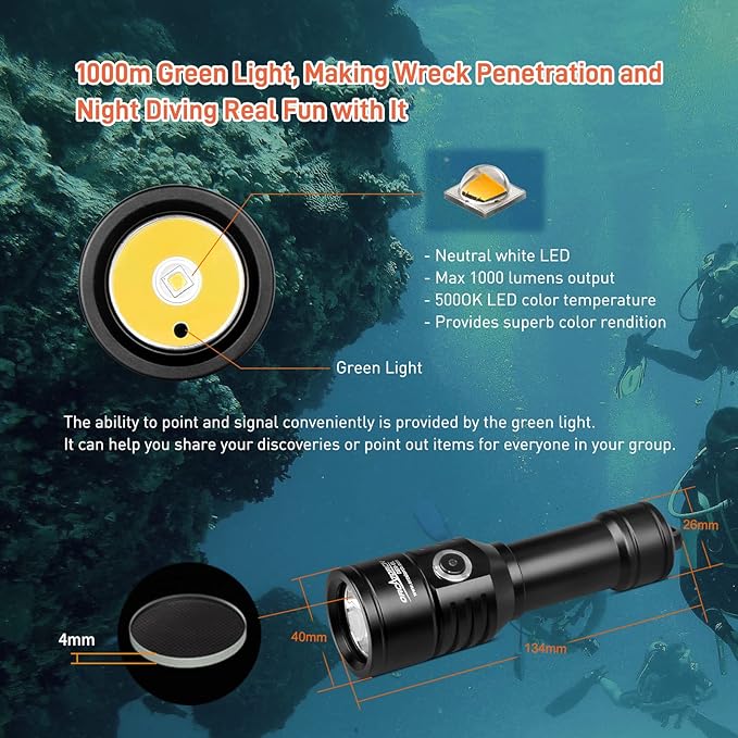 ORCATORCH D570-GL 2-in-1 Scuba Diving Light with 1000 Lumens White Beam, 1000 Meters Green Light, for Scuba Divers, Diving Instructors, Underwater 150 Meters Diving